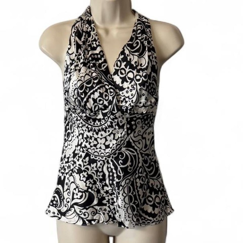 Vintage Y2K Express Silk Blend Black & White Paisley Halter Top, Women's Size XS